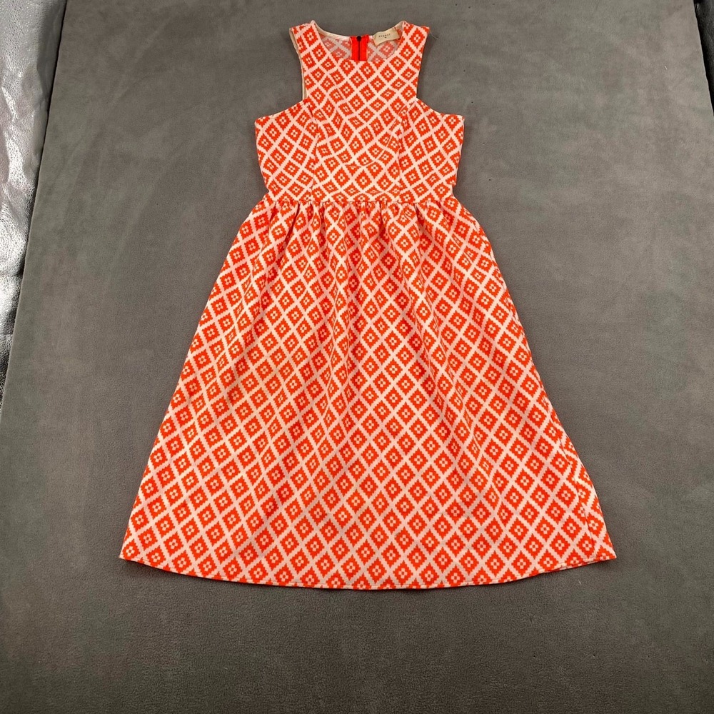 Everly Fit & Flare Dress Sz S Orange White Geometric Print‎ SLeeveless Back Zip